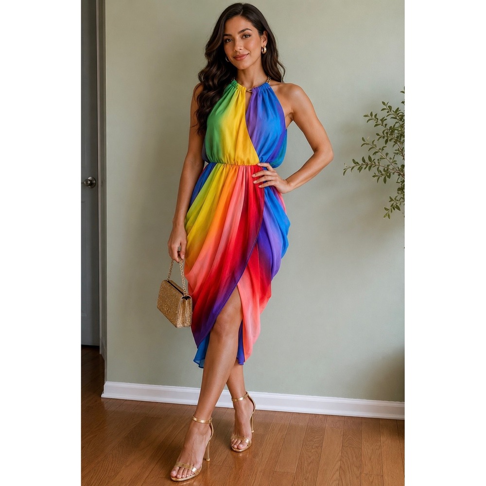 New York & Company Rainbow Ombre Halter Wrap Dress Gold Chain Neck Midi Sz M NWT - Picture 1 of 14